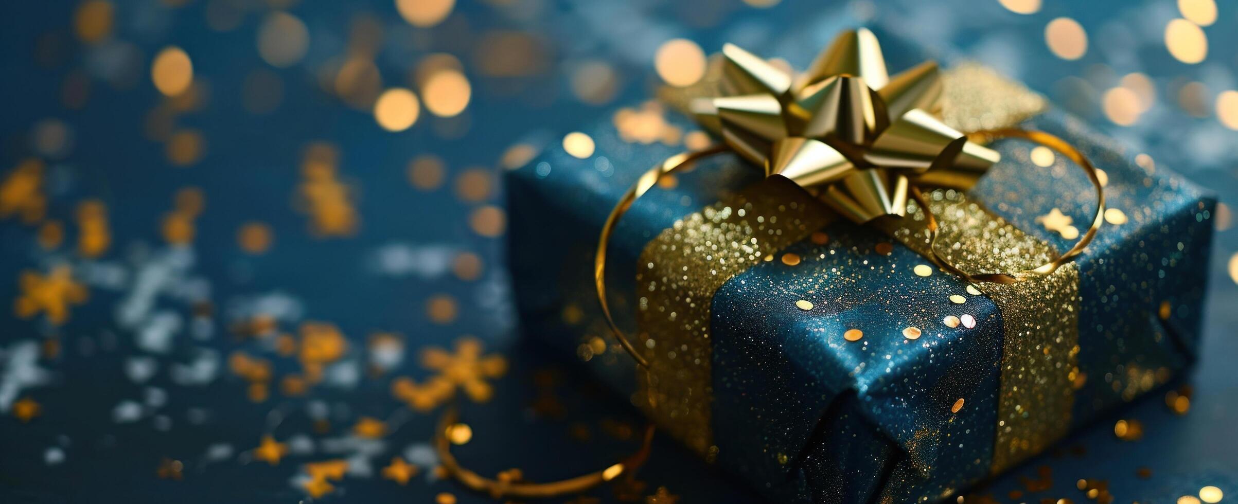 AI generated an open gift wrapped in gold paper on a blue background photo