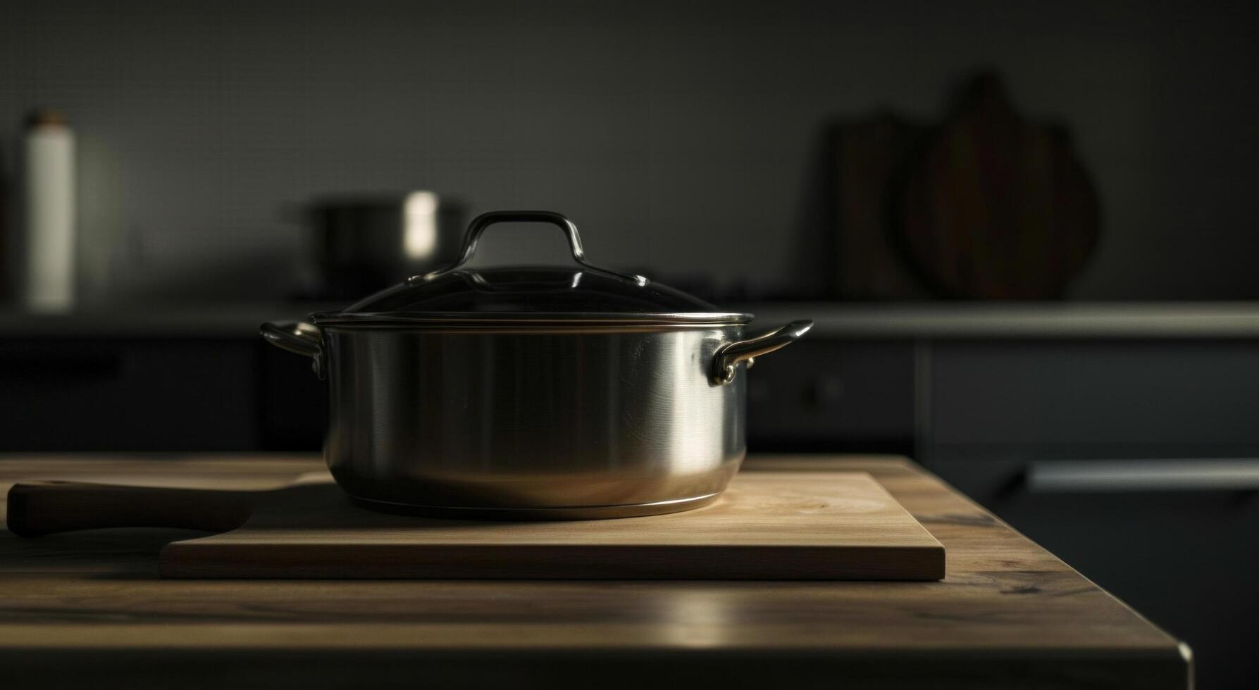 ai generado un hierro maceta en parte superior de un de madera superficie en un cocina foto