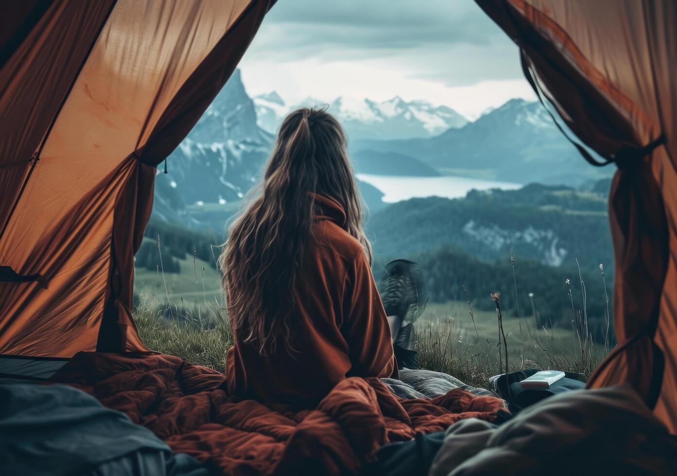 AI generated beautiful girl in tent, with mountains and lake around her photo