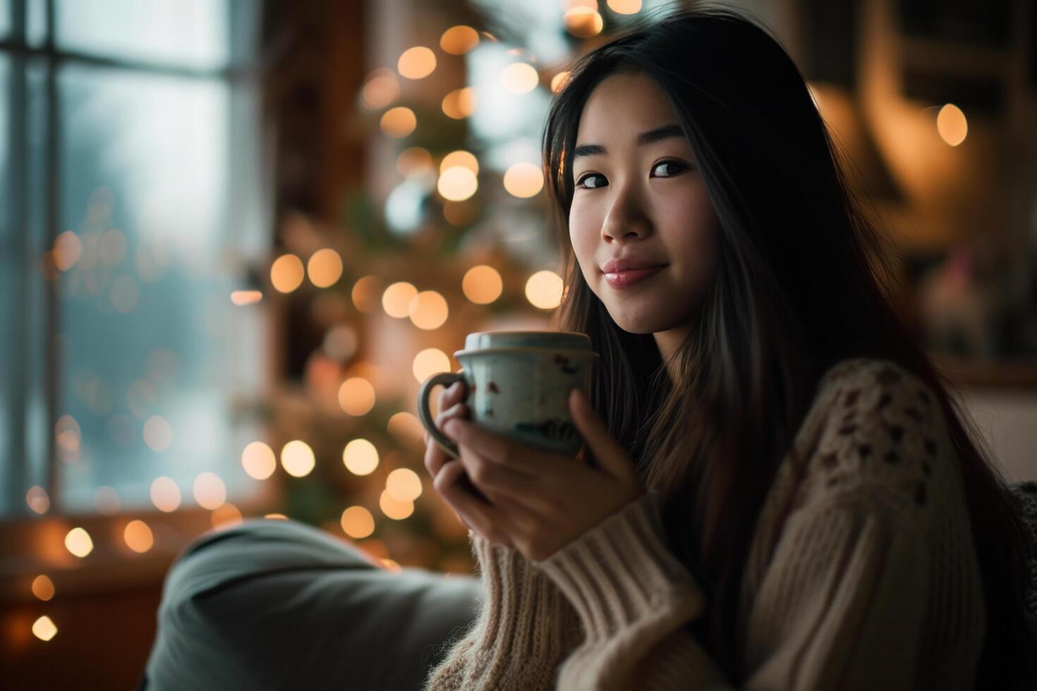 AI generated asian woman drinking a coffee at home under christmas tree photo