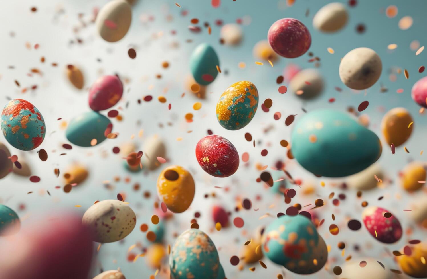 AI generated colorful easter eggs float on a blue background photo