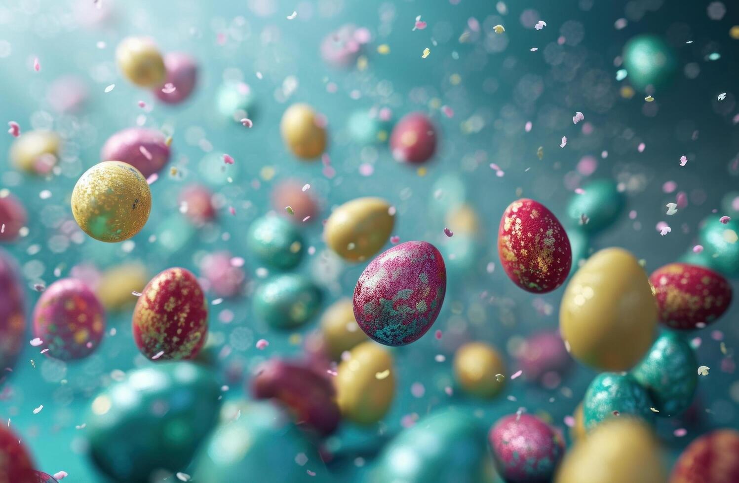 AI generated colorful easter eggs float on a blue background photo