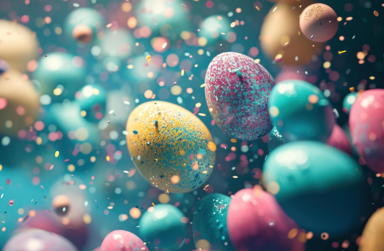 AI generated colorful easter eggs float on a blue background photo