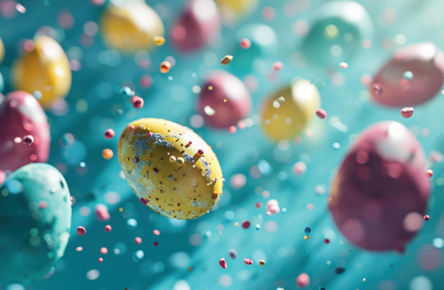 AI generated colorful easter eggs float on a blue background photo
