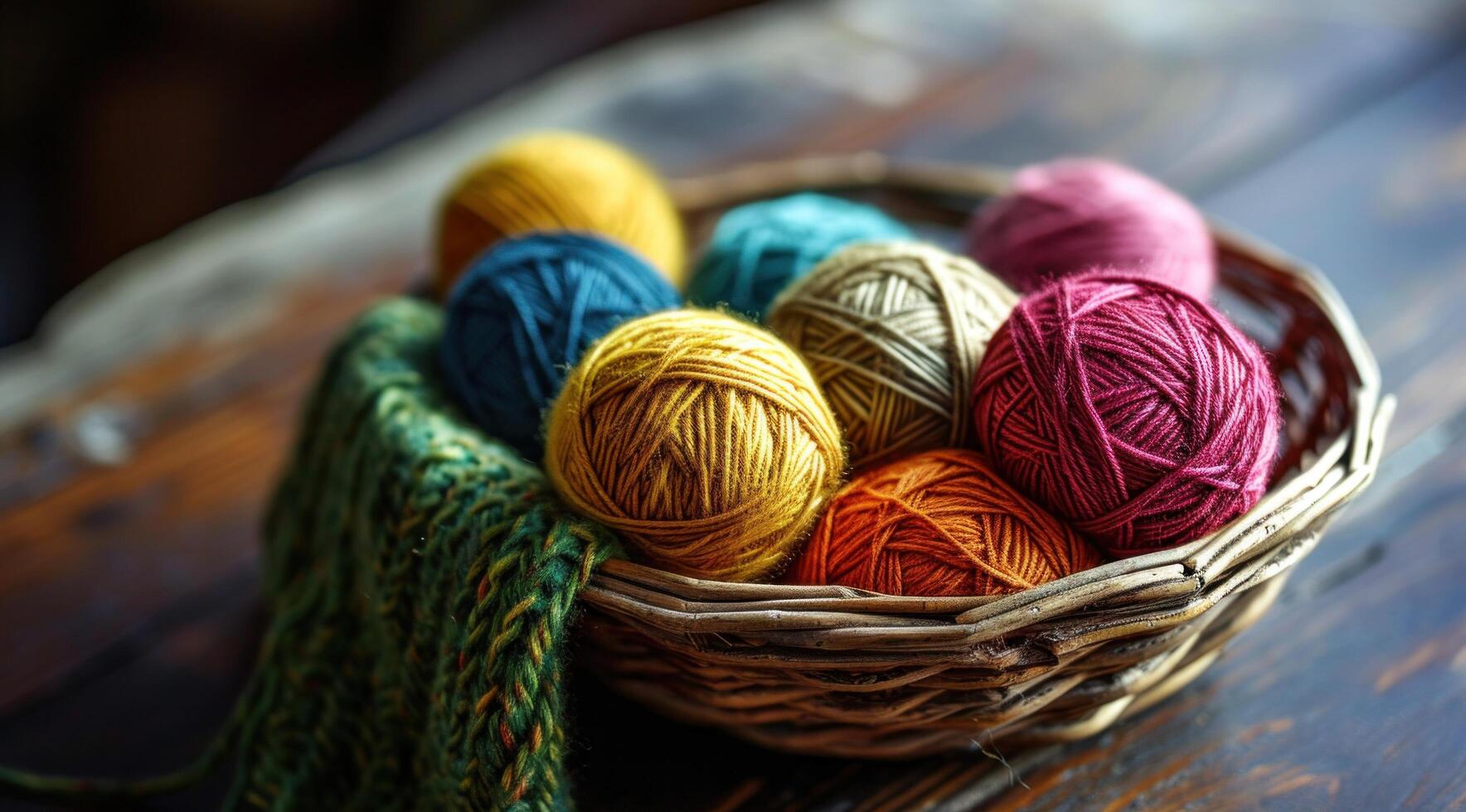 AI generated colorful balls of yarn are placed in a basket on a wood table photo