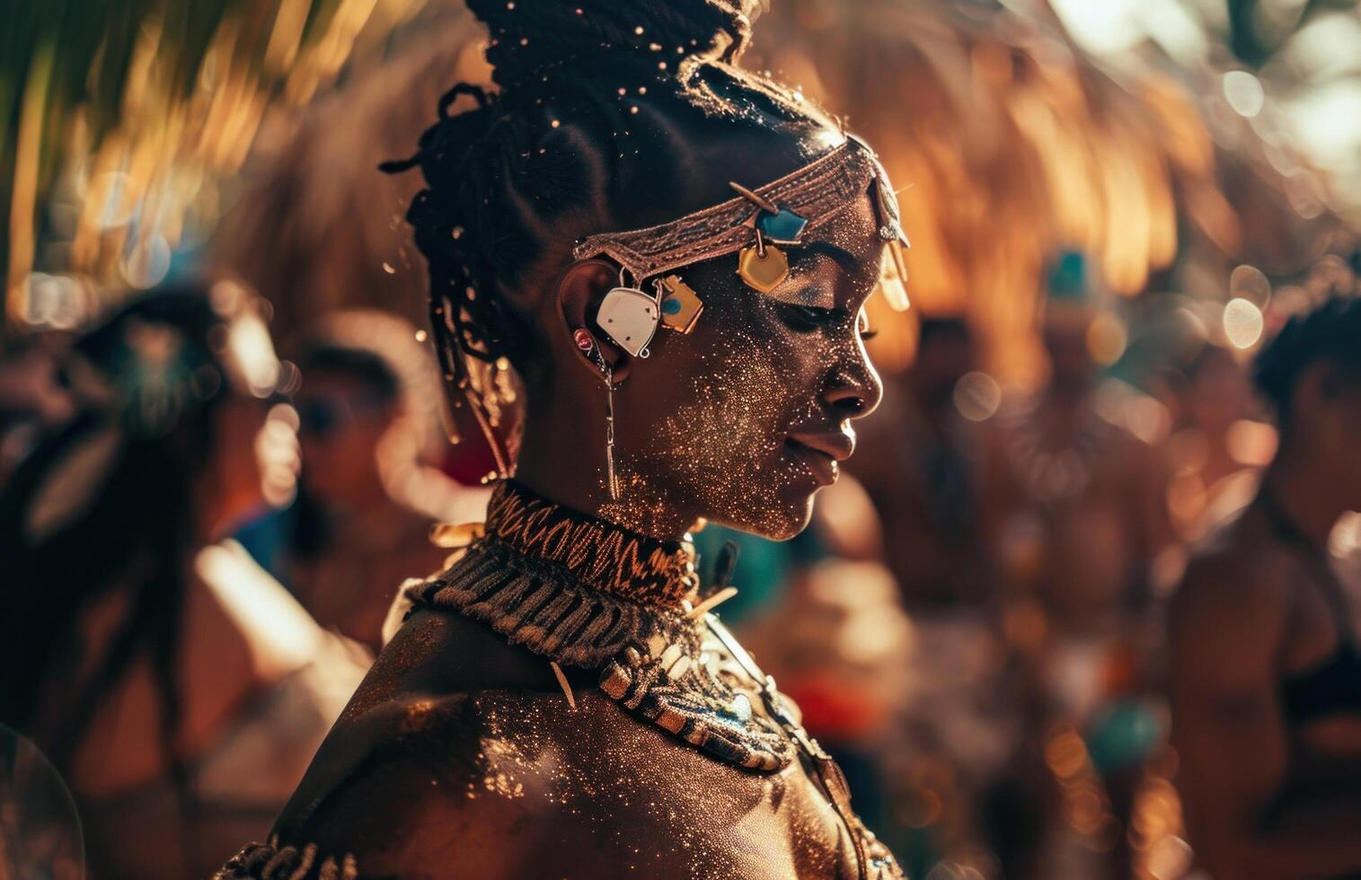 ai generado carnaval bailarín a un carnaval en un tropical playa foto