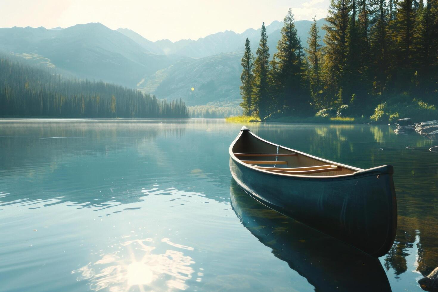 AI generated canoe in calm lake with mountains in reflection photo