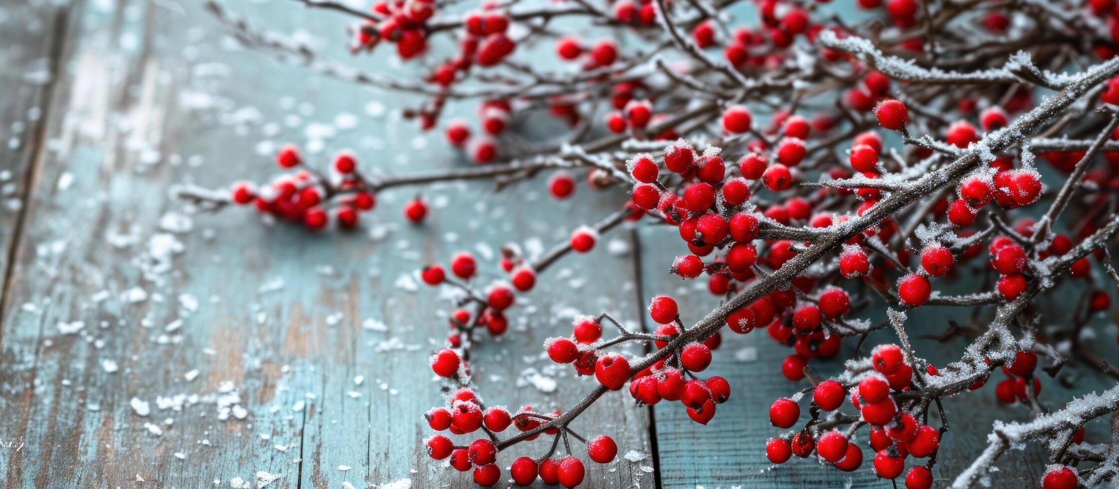 AI generated christmas border with red berries on wooden background photo