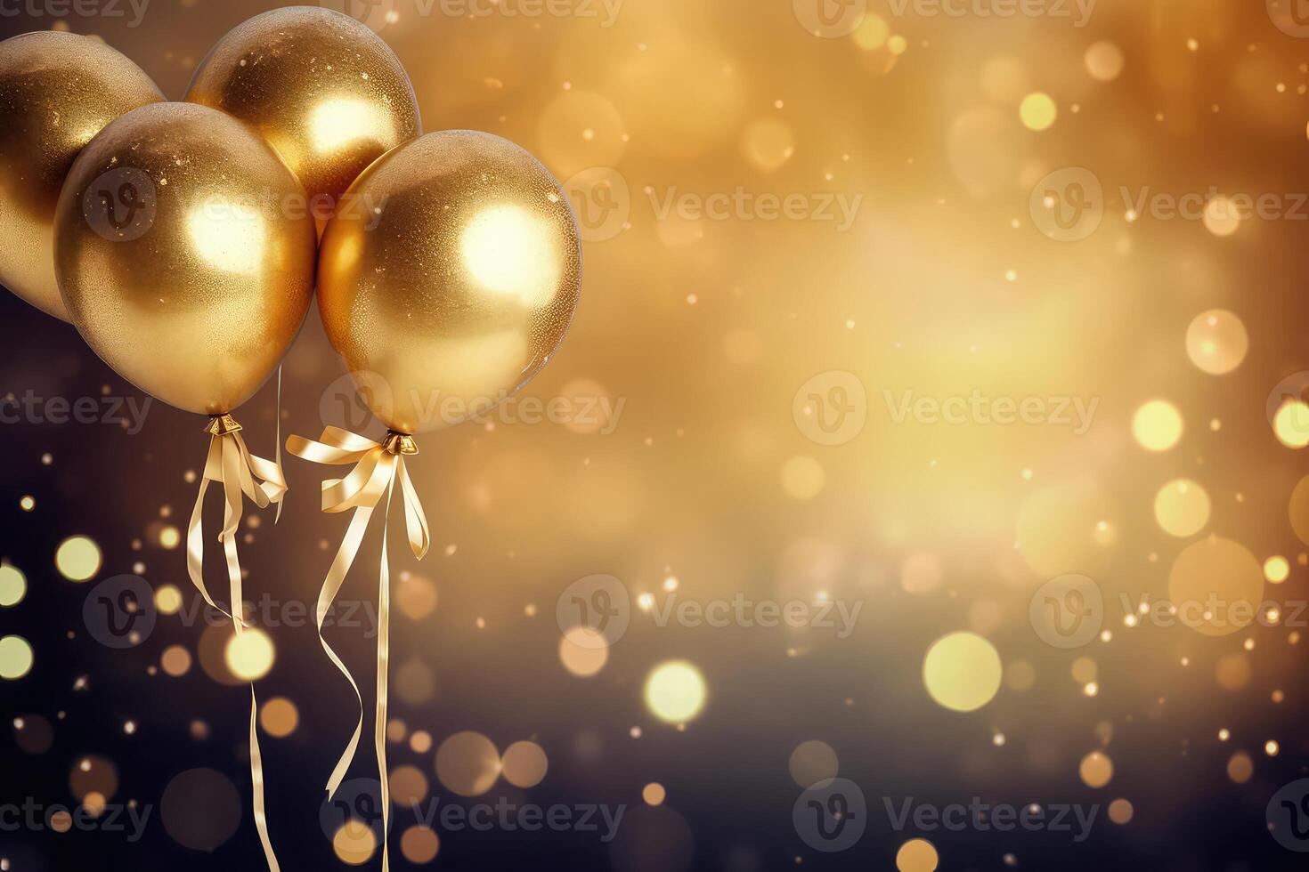AI generated Golden balloons with confetti and ribbons on bokeh background photo