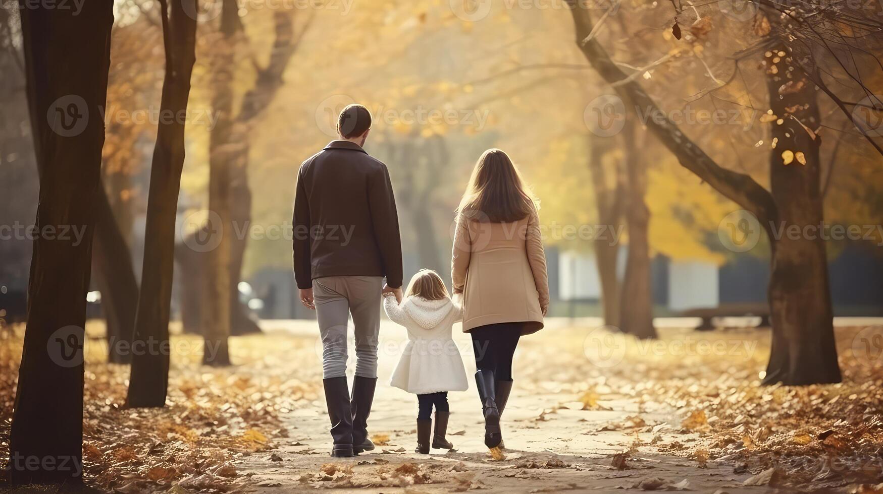 ai generado contento familia caminando en otoño parque. madre, padre y niños gasto hora juntos. foto