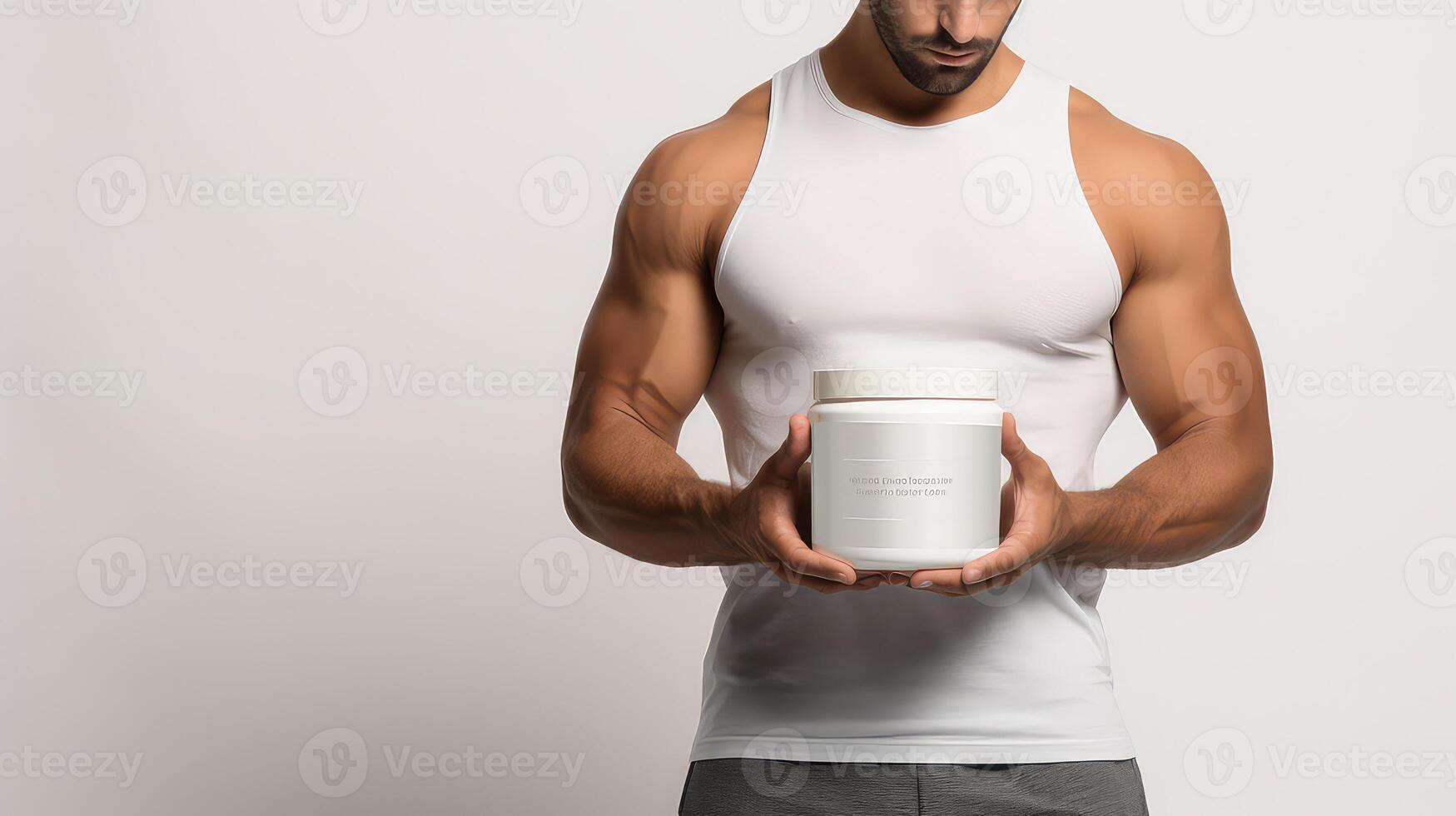 AI generated Muscular man holding a jar of protein on a white background. photo