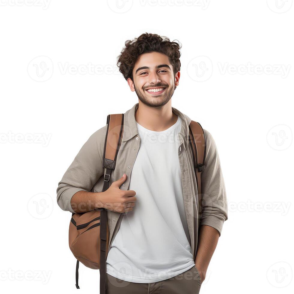 ai generado retrato de un sonriente joven hombre con mochila, aislado en blanco antecedentes foto