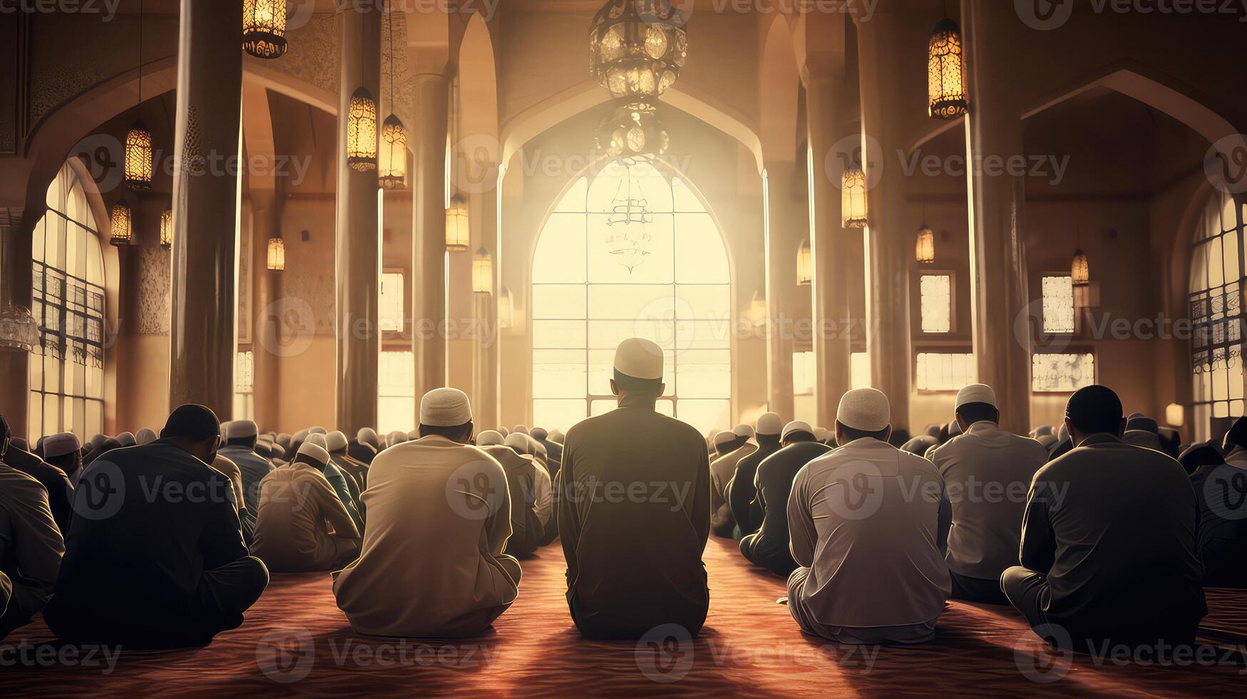 AI generated Muslims mans praying in mosque back view photo