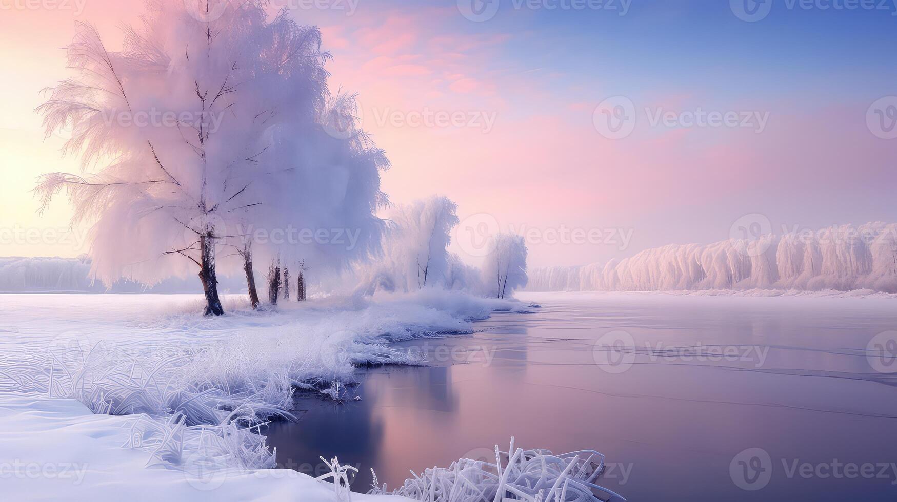 AI generated Winter landscape with snow covered trees and lake photo