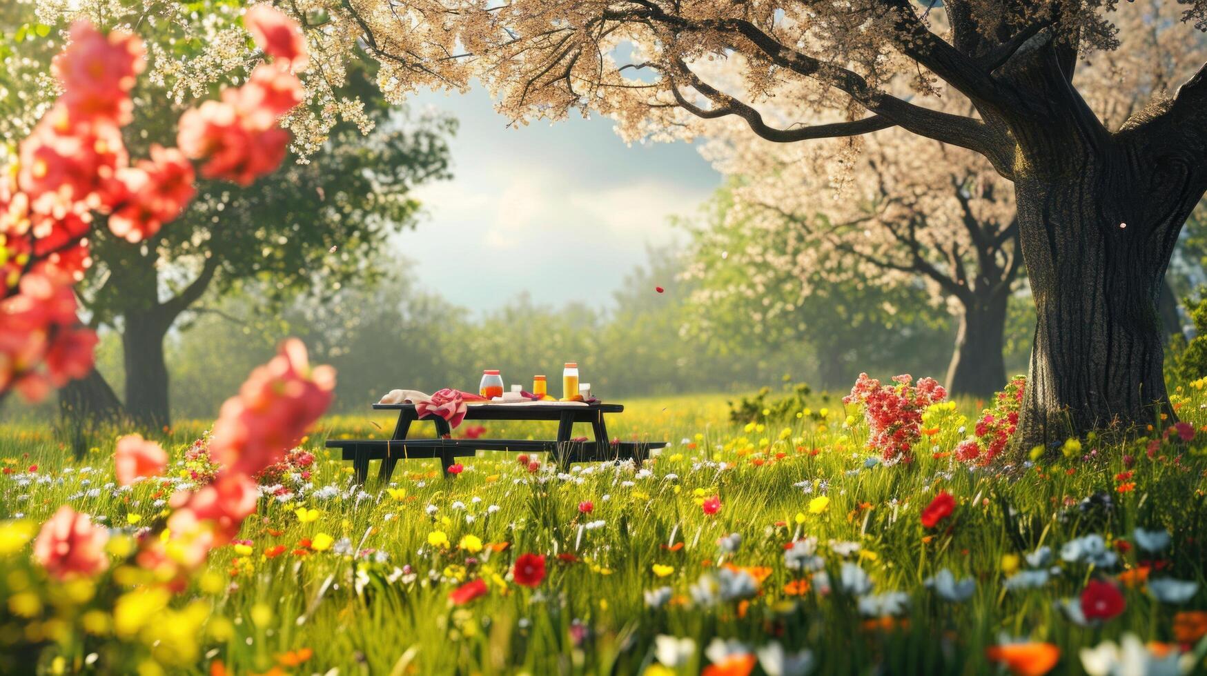 AI generated springtime picnic surrounded by blossoming trees and colorful flowers photo