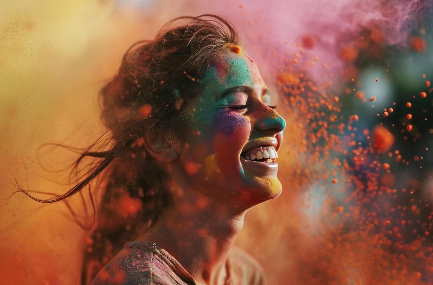 AI generated colorful powder falling on a smiling woman photo