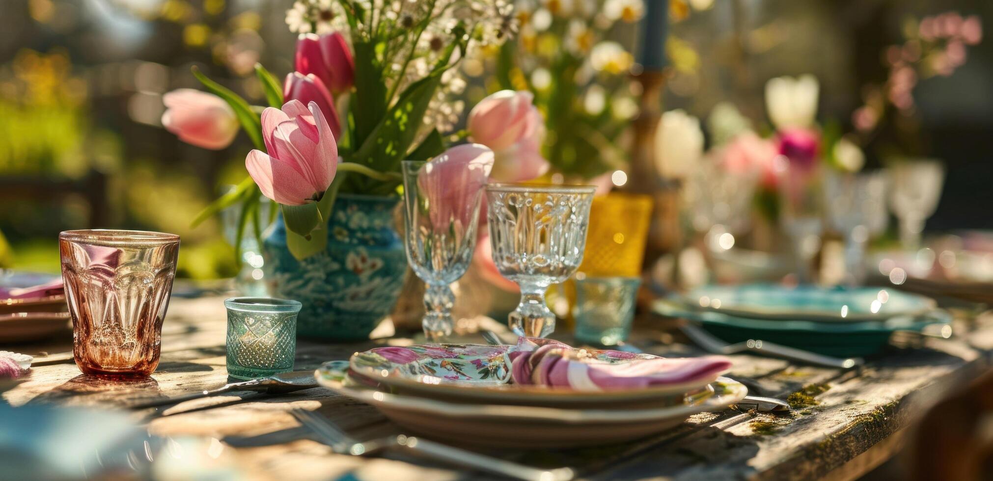 AI generated easter table setting with pink and white tulips photo