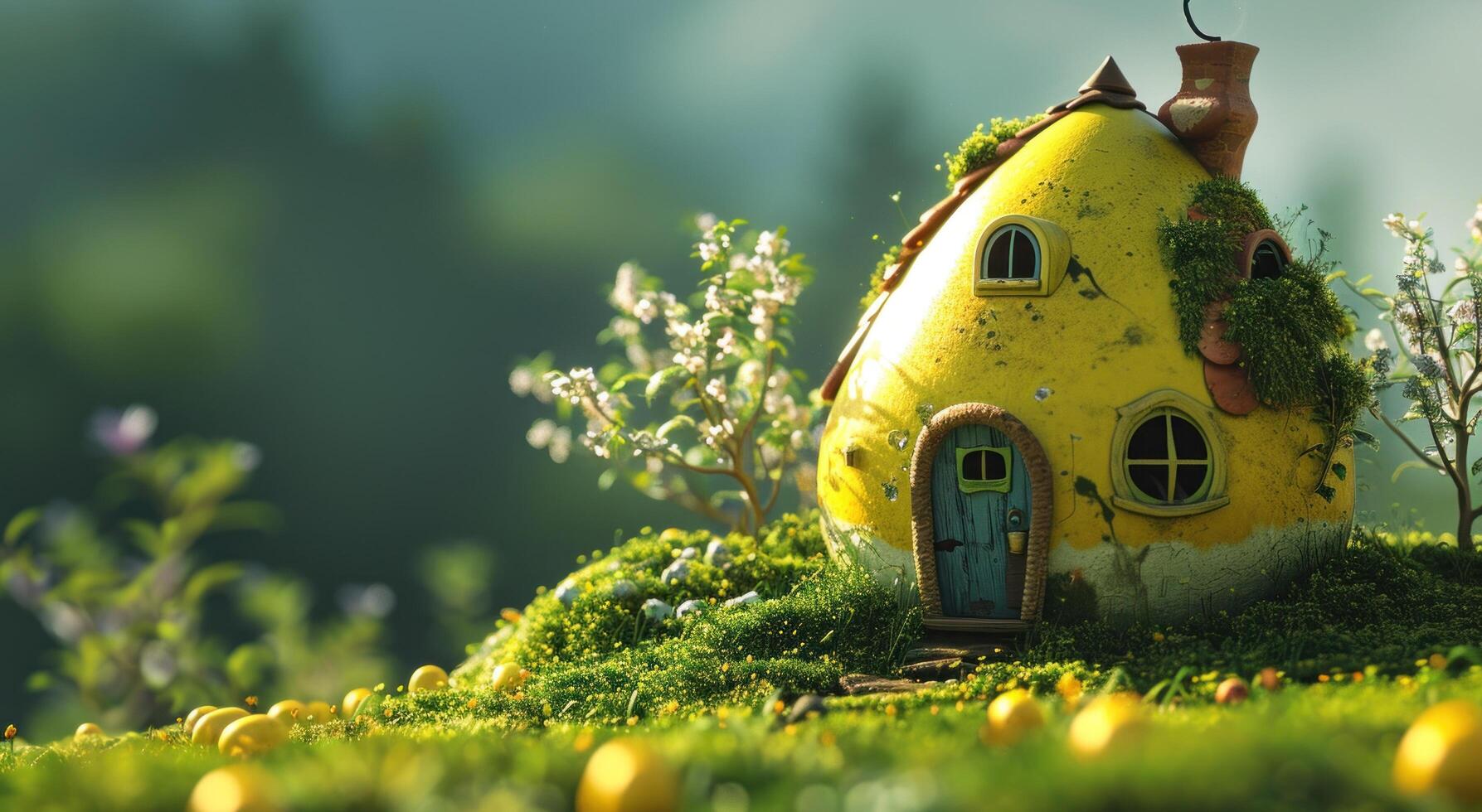 AI generated easter egg with yellow house and lots of green grass photo