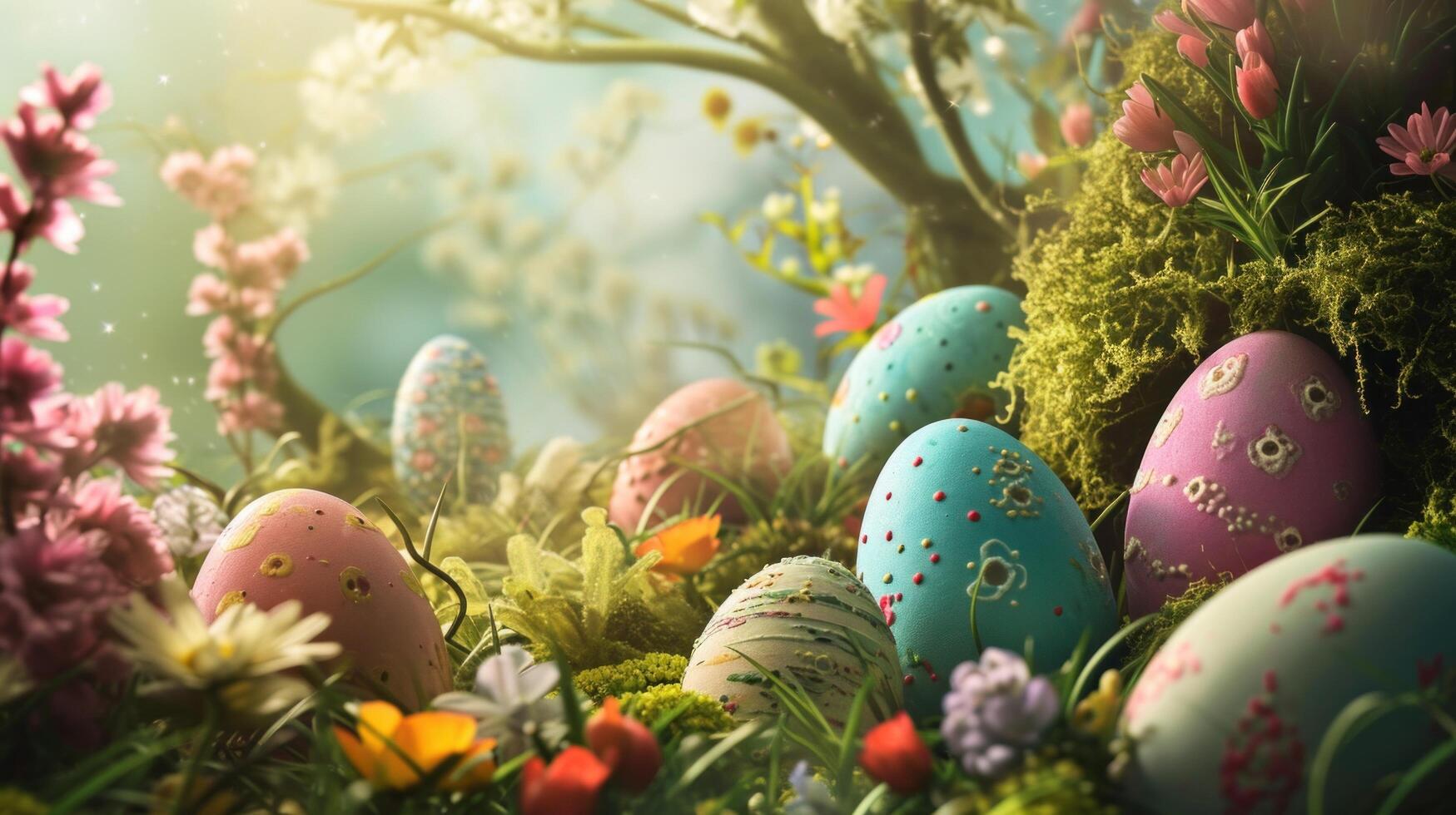 AI generated Easter with an explosion of blooming flowers complemented photo