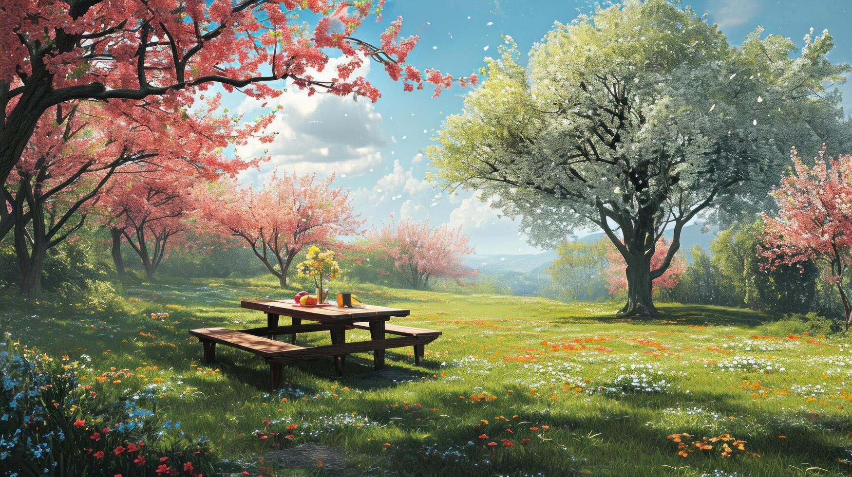 AI generated springtime picnic surrounded by blossoming trees and colorful flowers photo