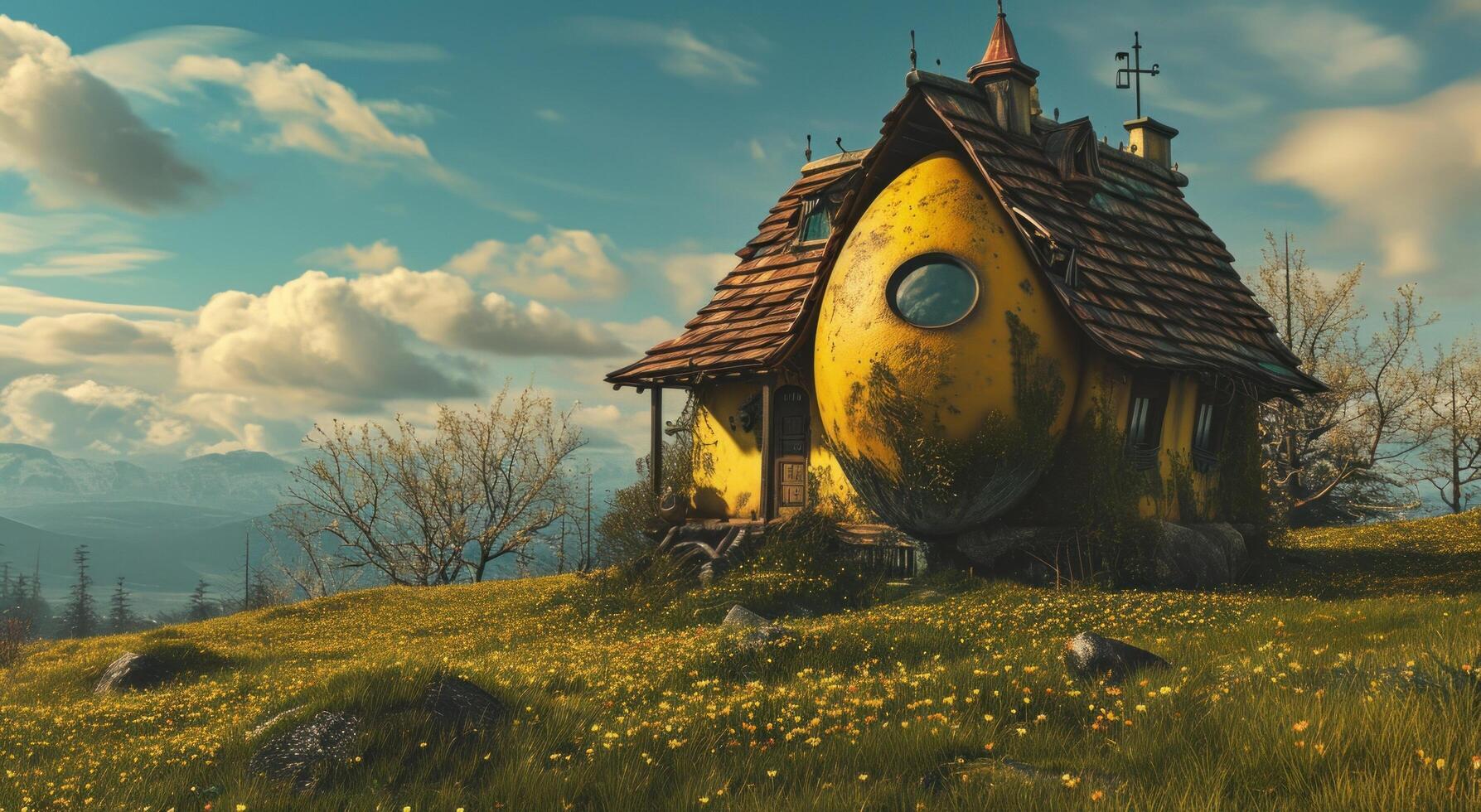AI generated easter egg with yellow house and lots of green grass photo