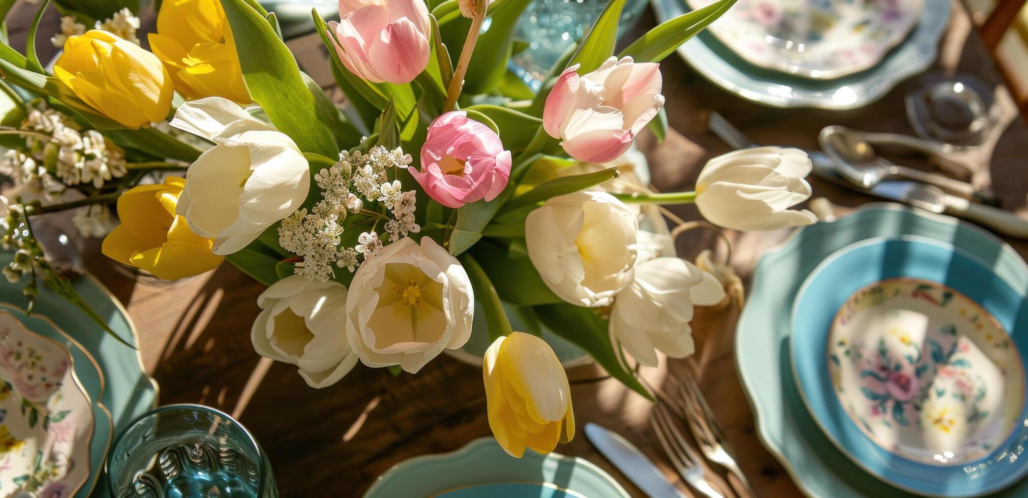 AI generated easter table setting with pink and white tulips photo