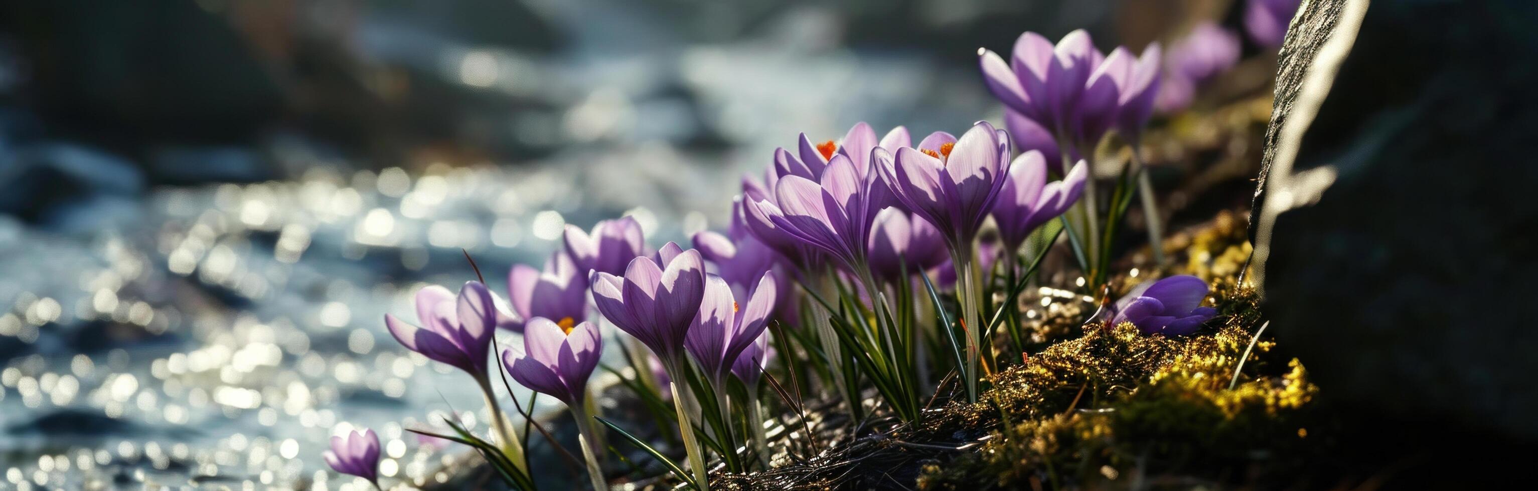 AI generated purple crocuses grow in field next to a dark background photo