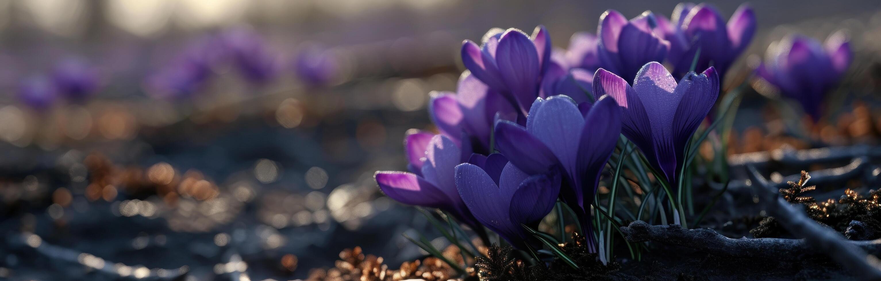 AI generated purple crocuses grow in field next to a dark background photo