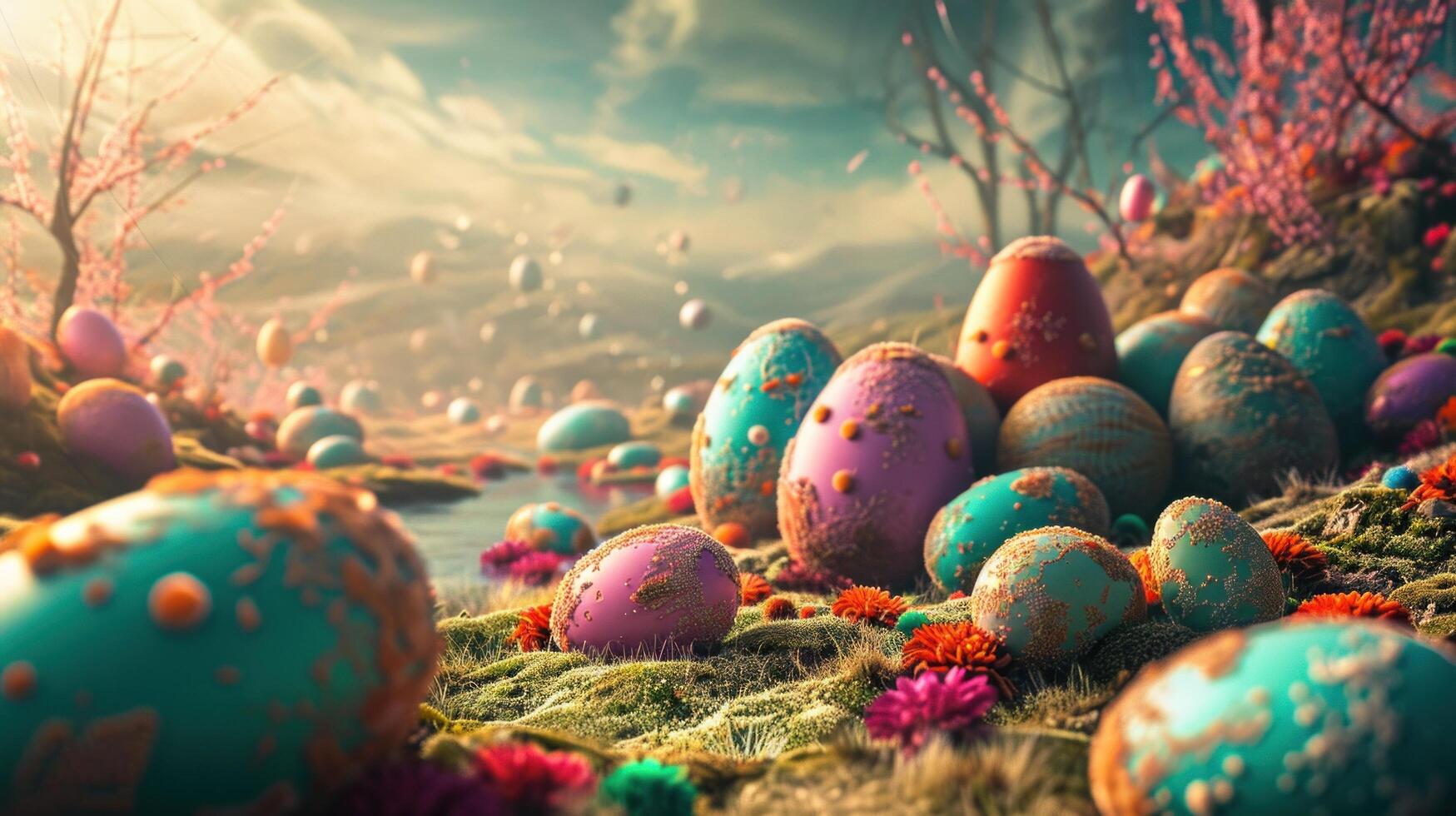 AI generated Easter with an explosion of blooming flowers complemented photo