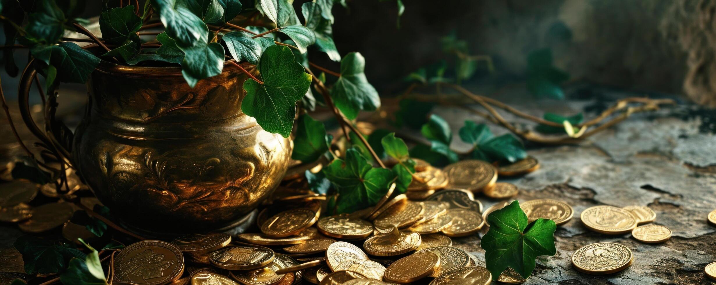 AI generated full of gold coins and green leaves in a gold vase photo