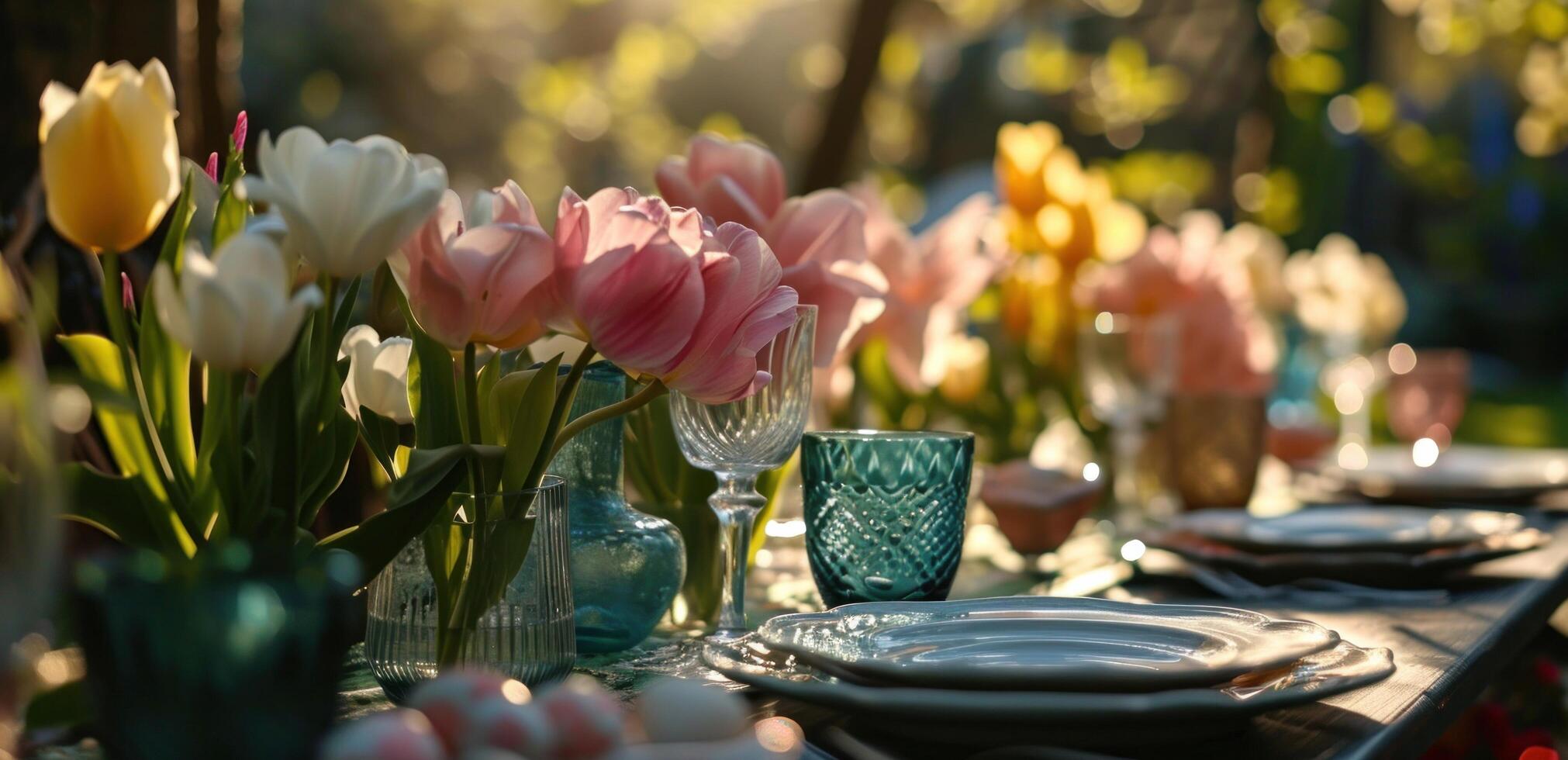 ai generado Pascua de Resurrección mesa ajuste con rosado y blanco tulipanes foto