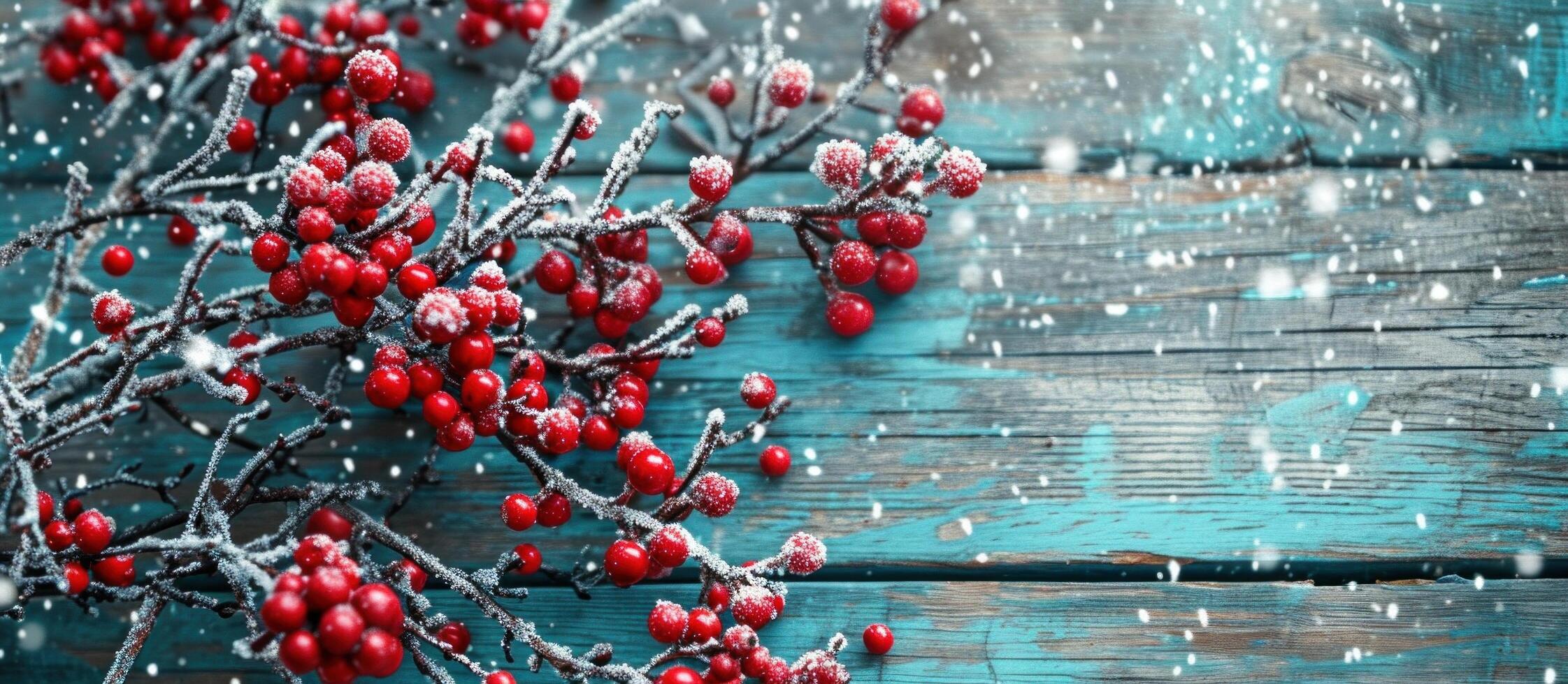 AI generated christmas border with red berries on wooden background photo