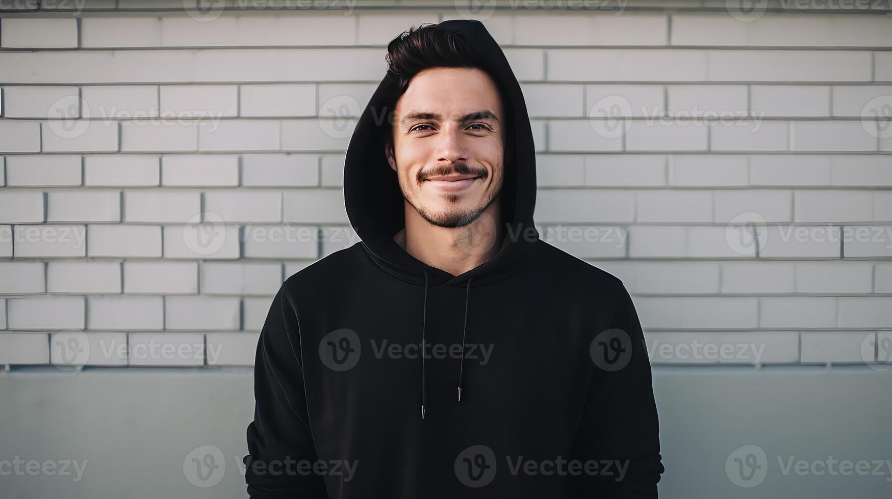 ai generado retrato de sonriente joven hombre en capucha mirando a cámara al aire libre foto