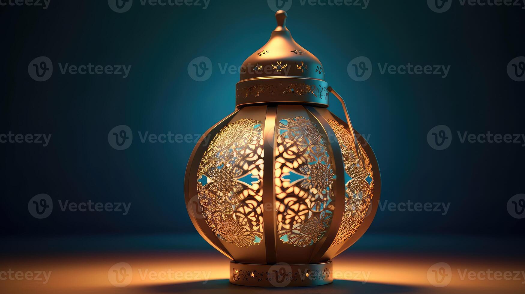 AI generated Ramadan Kareem lantern on wooden table in dark room photo