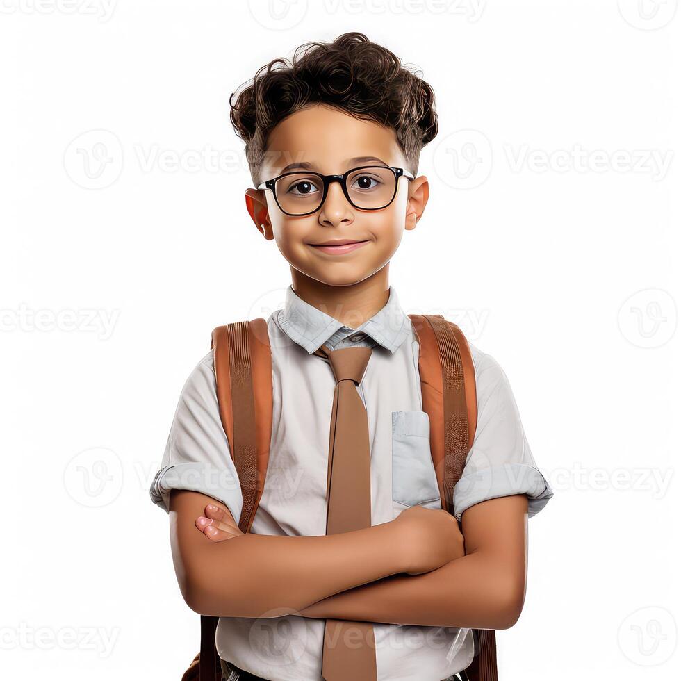 AI generated Cute little schoolboy with a backpack. Isolated on white background. photo