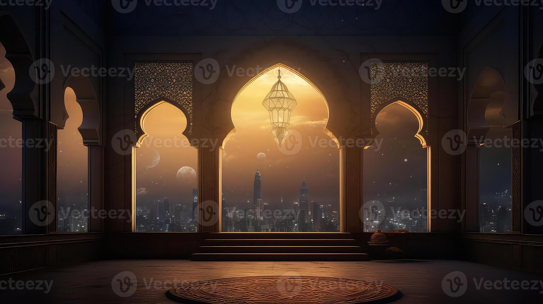 AI generated beautiful view of mosque window sunset, Ramadan Night background photo