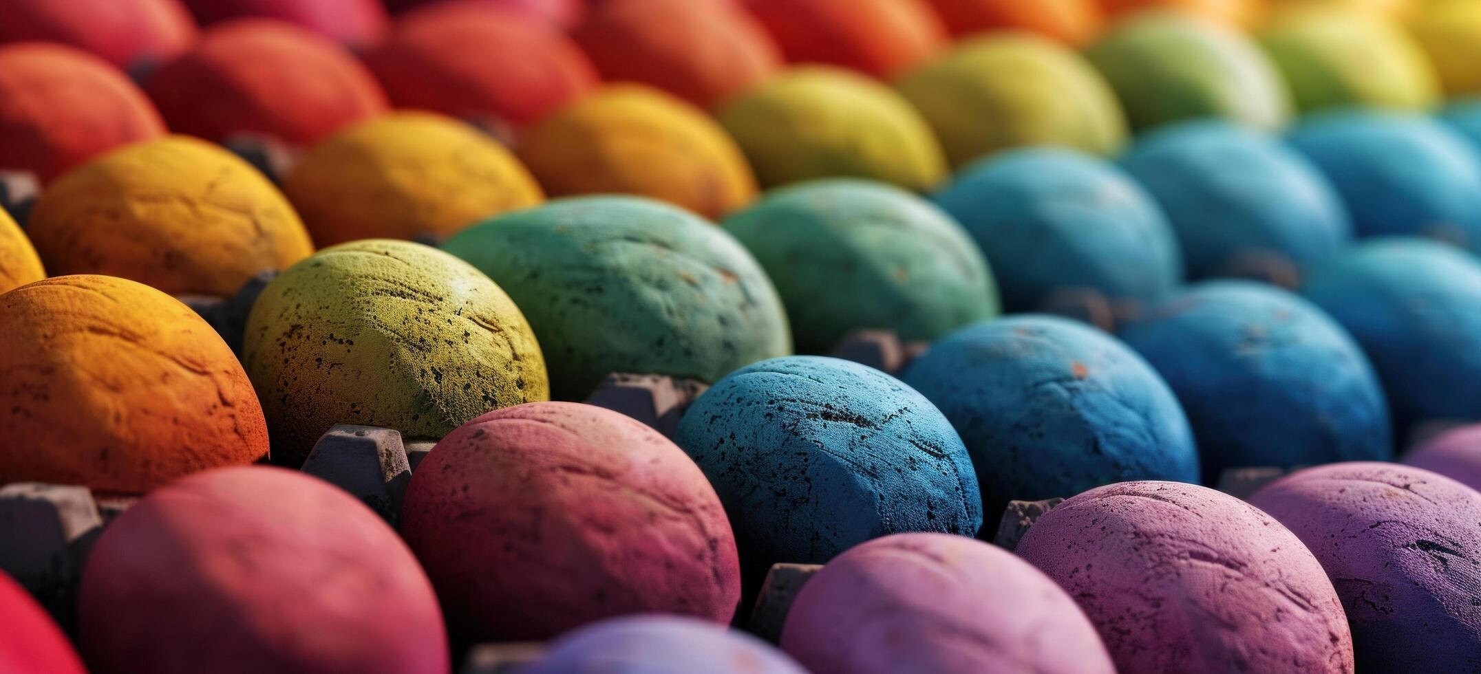 AI generated many colored eggs in rows photo