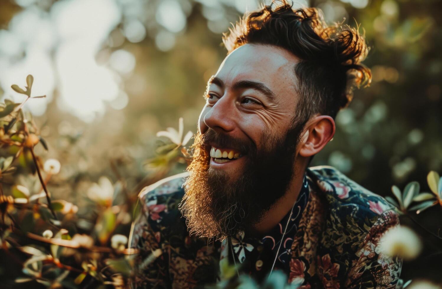 AI generated man with beard smiling outdoors photo