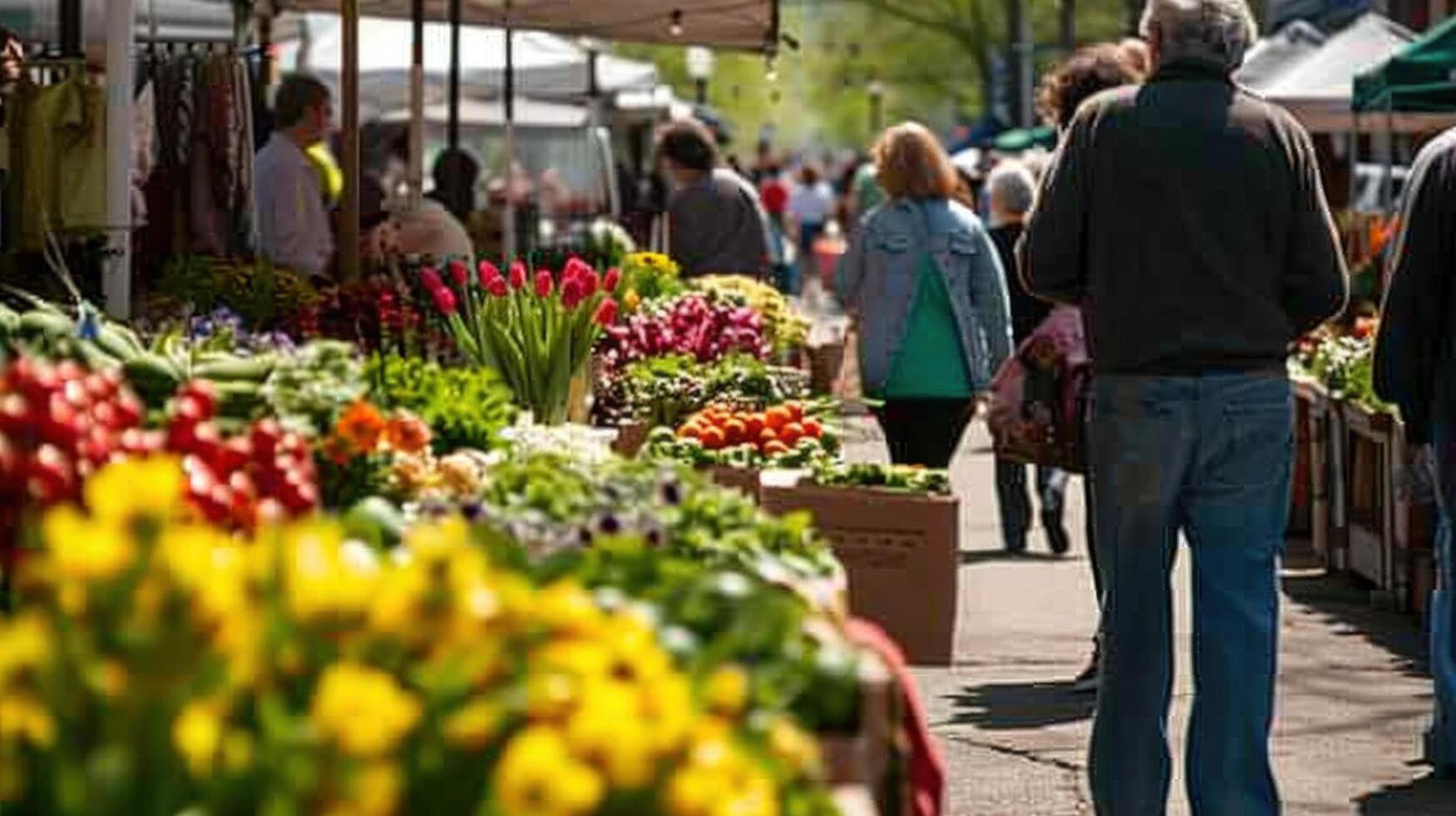 AI generated springtime market filled with fresh produce, flowers photo