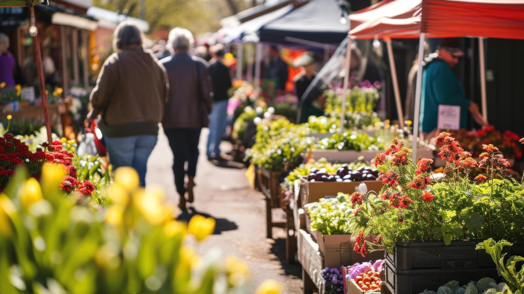 AI generated springtime market filled with fresh produce, flowers photo