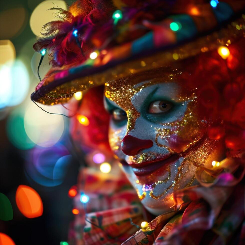 AI generated clown face with lights and colorful hat photo