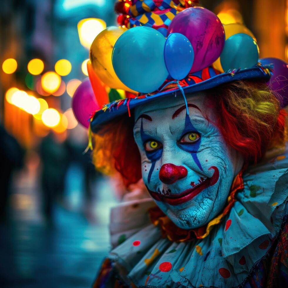 AI generated clown face with lights and colorful hat photo