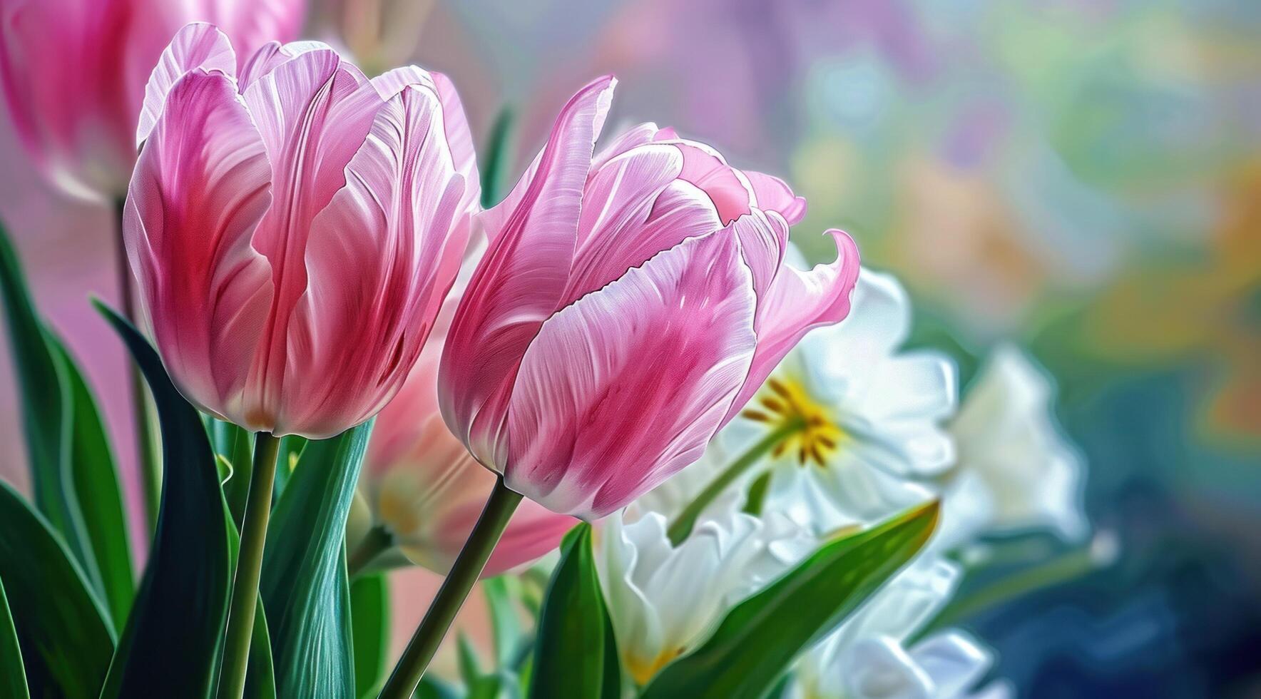 AI generated pink tulips against pink background copy space for text photo