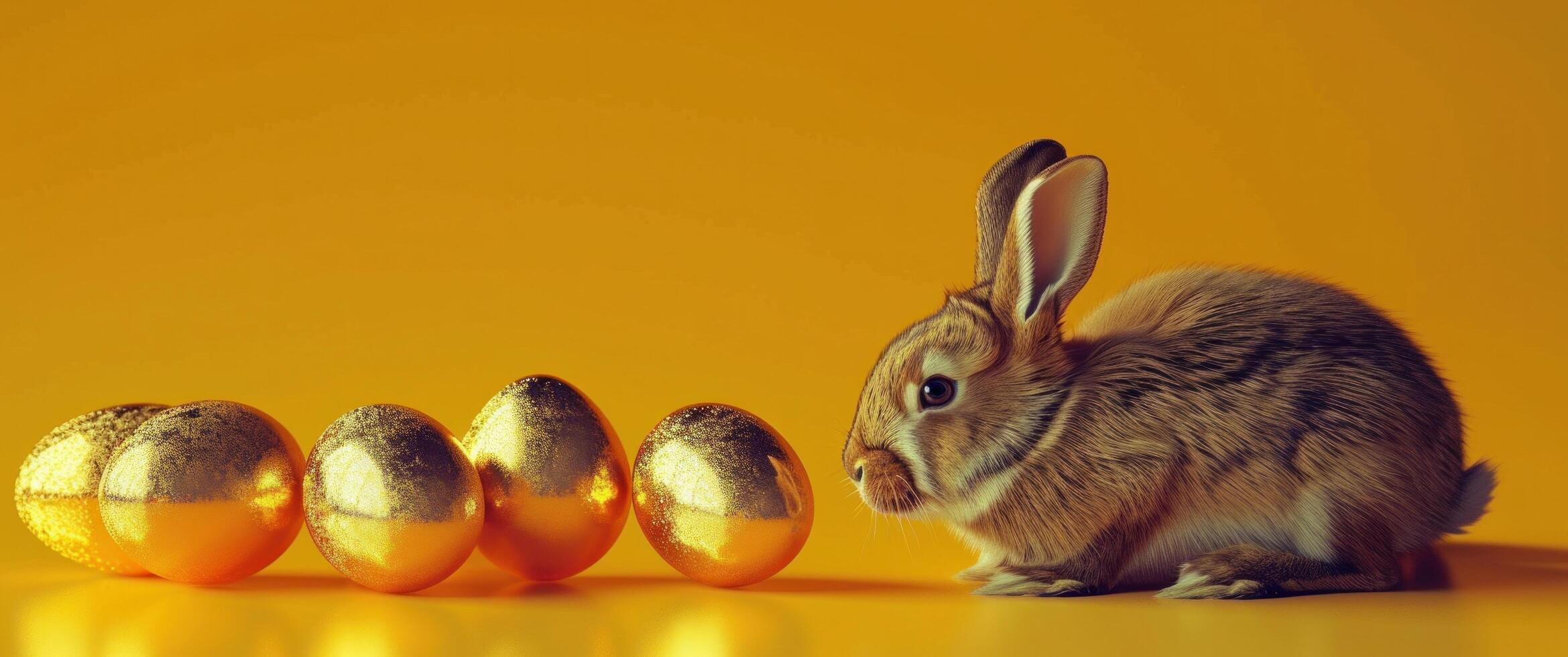 AI generated rabbits behind golden eggs in front of an orange background photo