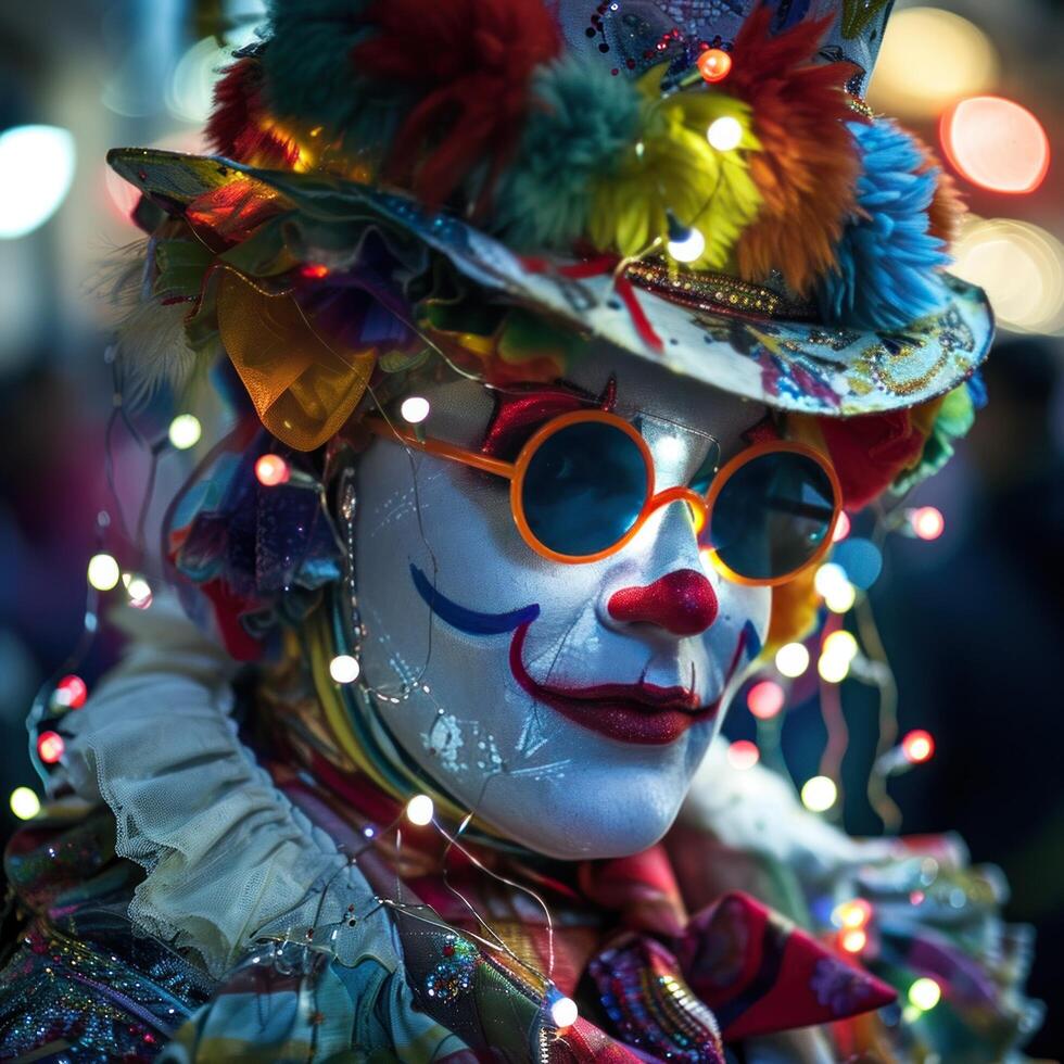AI generated clown face with lights and colorful hat photo