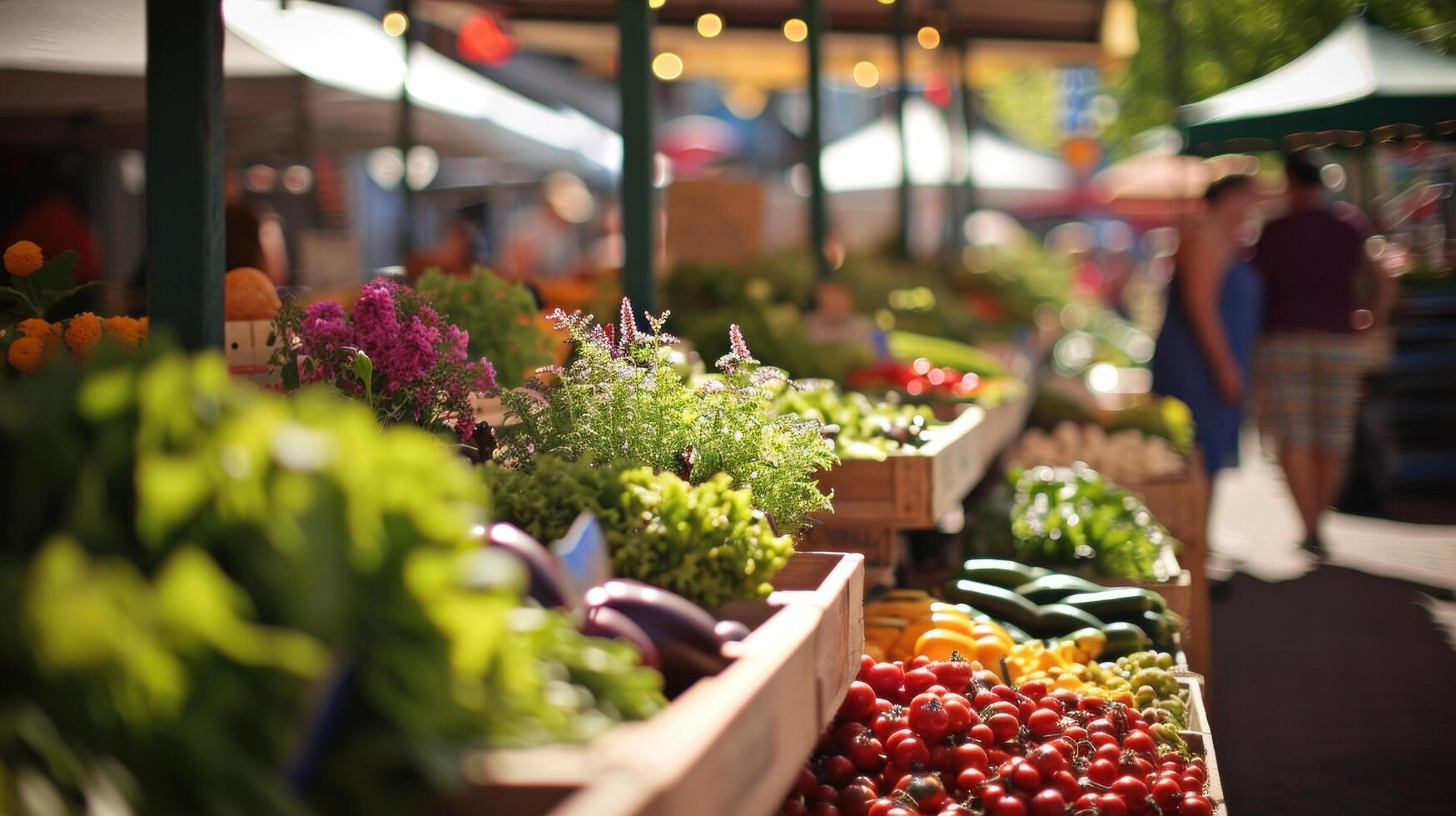 AI generated springtime market filled with fresh produce, flowers photo