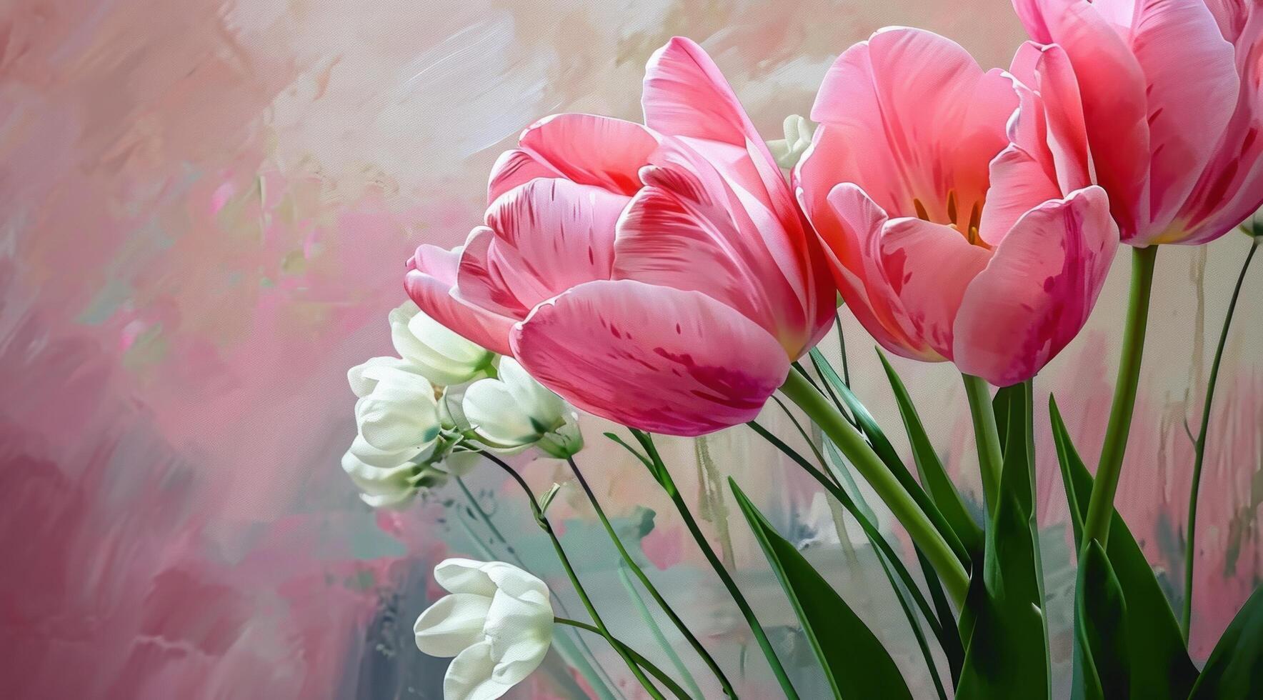 AI generated pink tulips against pink background copy space for text photo