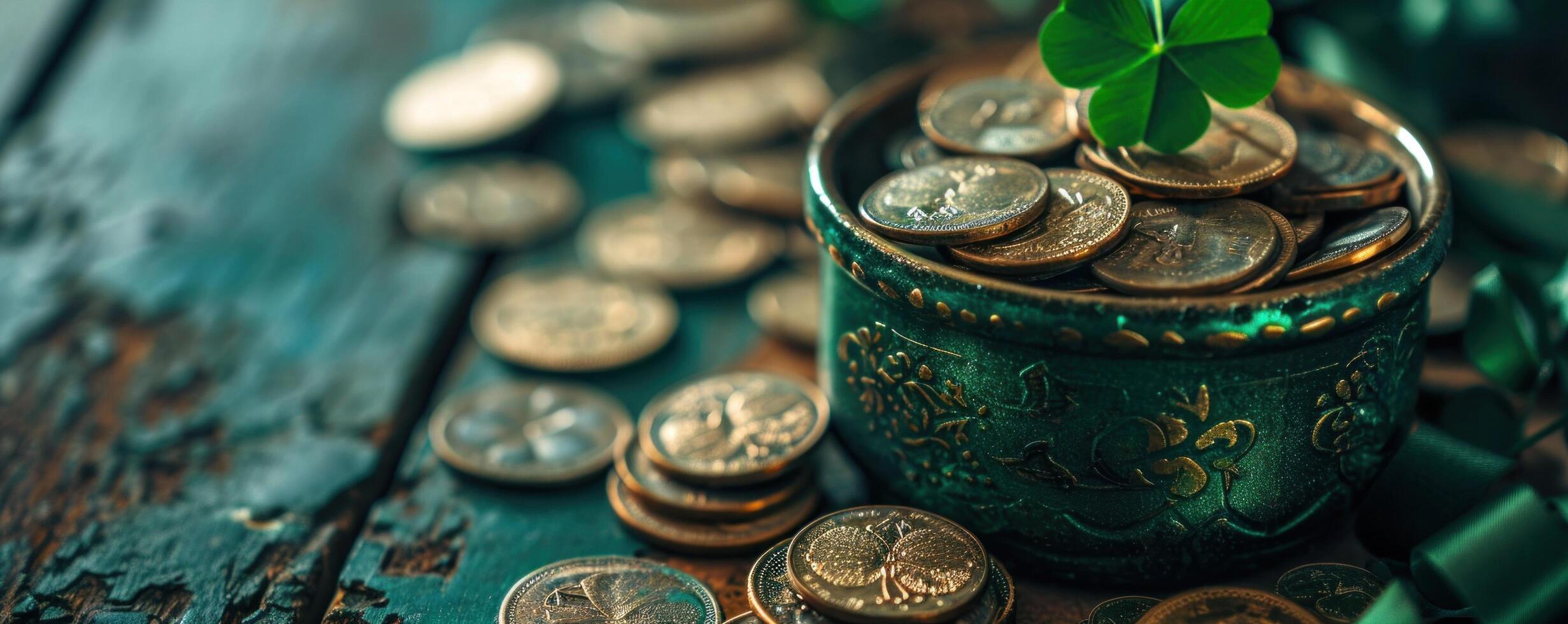 AI generated green container with clover on top of green coins photo