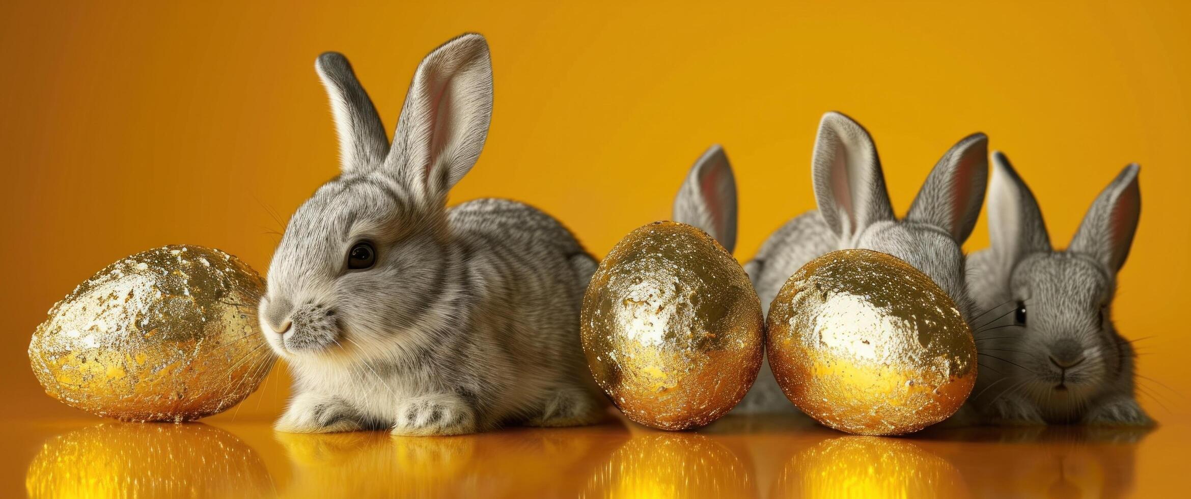 AI generated rabbits behind golden eggs in front of an orange background photo