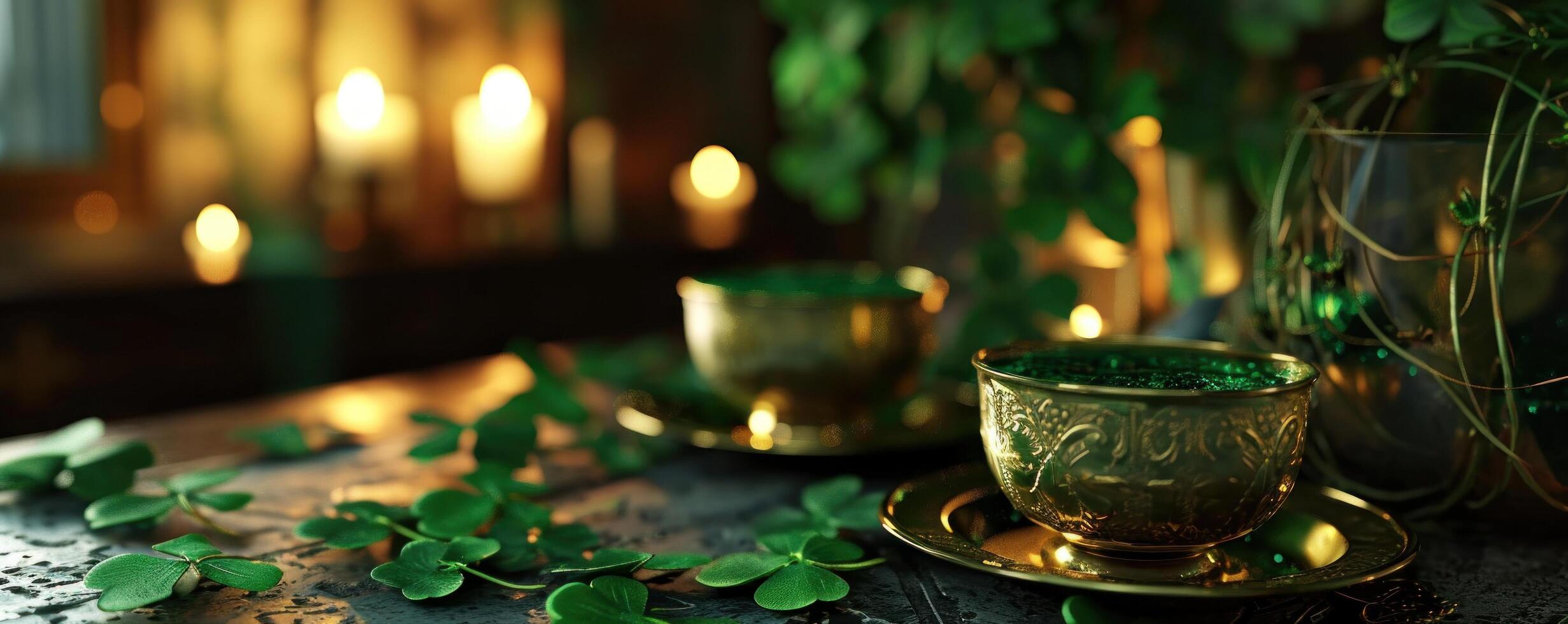 AI generated green container with clover on top of green coins photo